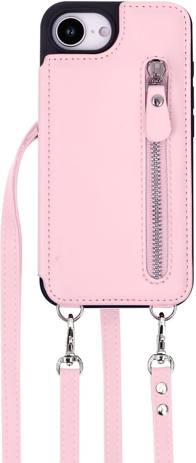 Casemania Hoesje Geschikt voor Apple iPhone 16e - Roze - Luxe Back Cover met Koord / Rits - Wallet Case met Pasjeshouder - Lanyard Telefoonhoes - Cord Case