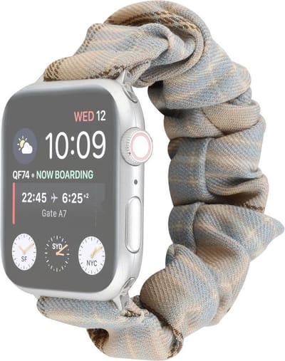 By Qubix - Geschikt voor Apple Watch bandje - Elastisch scrunchie nylon bandje - Khaki / Lichtblauw - Geschikt voor Apple Watch 44mm / 45mm / 46mm / 49mm (Ultra 1,2 en 3) - nylon - bandje iWatch
