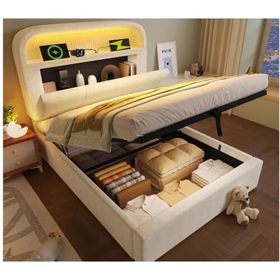ModernLuxe Gestoffeerd opbergbed 90x200 cm - met LED-verlichting - met USB- en Type-C-poorten - met in hoogte verstelbare hoofdeinde - fluweel - Beige