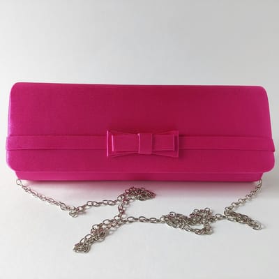 Clutch Dames - Langwerpig Fuchsia Satijn - Luxe Avondtas met Vlinderstrikje