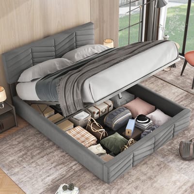 DESMIU Gestoffeerd Bed 140x190 cm – Verstelbaar Hoofdbord – Hydraulische Opbergruimte – Tweepersoonsbed Voor Slaapkamer – Fluweel – Grijs – Zonder Matras