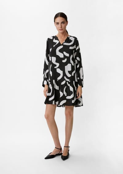 Midi-jurk met lange mouwen van bedrukt viscose met V-hals voor vrouwen COMMA