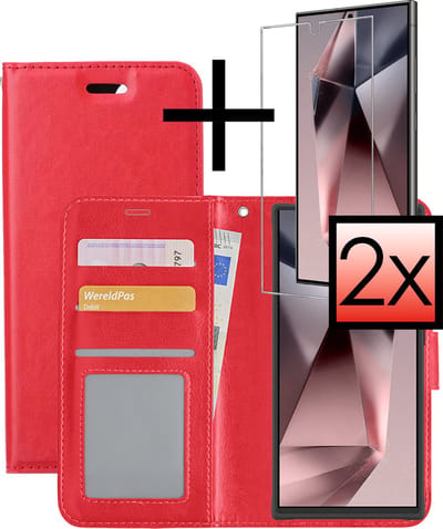 Hoesje - Met 2x Screenprotector - Geschikt voor Samsung Galaxy S24 Ultra - Luxe Pasjeshouder - Bookcase Portemonee - Flip Case - Kunstleer Book Case - Flipcase Hoes - Book Cover - Walletcase - Portemonneehoes - Rood