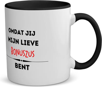 Akyol - omdat jij mijn lieve bonuszus bent koffiemok - theemok - zwart - Zus - de liefste bonuszus - verjaardag - cadeautje voor zus - kado - geschenk - 350 ML inhoud