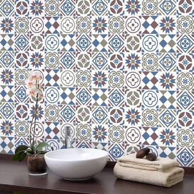Zelfklevende tegelmuurstickers voor keuken en badkamer - 9 cementtegelstickers, Azulejos Liticina - 9 stickers, 20x20cm