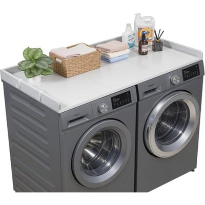 VEVOR Werkblad voor wasmachine en droger (137 x 69,9 cm) met opstaande rand en haken, voor organisatie en opbergruimte in linnenkast, voorraadkast of keukenblad, draagvermogen tot 113 kg, grijs