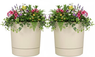 Mica Decorations Bloempot Coco - 2x - met onderschaal - beige - H40 x D38 cm - kunststof - buiten