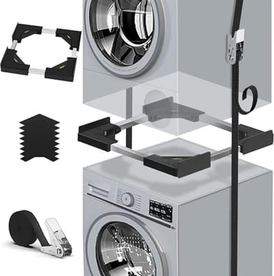 Stapelset voor Wasmachine en Droger - Verstelbaar en Stevig Frame (45-68 cm) met Versterkte Ratchetbanden en Bevestigingsbeugels, Antivibratie en Stapeloplossing, Zwart