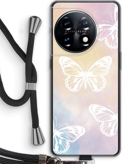 Case Company® - Hoesje met koord geschikt voor OnePlus 11 hoesje met Koord - White butterfly - Telefoonhoesje met Zwart Koord - Bescherming aan alle Kanten en Over de Schermrand