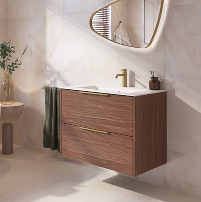 Saqu Lima badmeubel incl. glans witte keramische wastafel 80x51x61cm noten urban – messing greep