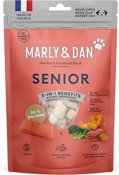 MARLY & DAN hondensnack 100 gr 3-in-1 benefits SENIOR helpt vechten tegen cellulaire aftakeling - helpt behoud van goede immuniteit - goede vacht en huid - 50% ZALM granenvrij- vrij van smaak, kleur en kunstmatige bewaarmiddelen - geen toegev suiker