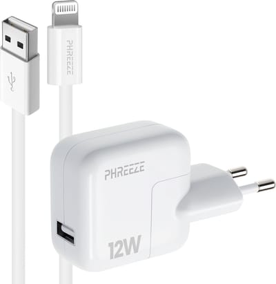 Phreeze usb power adapter 12 W geschikt voor iPhone 14 13 12 11 X XR XS Max Pro Mini Plus en iPad met Lightning kabel - Oplader