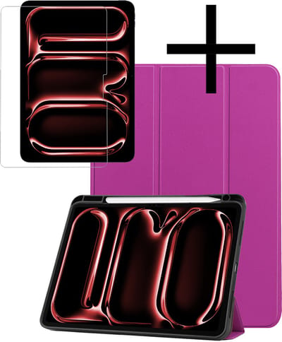 Hoes - Geschikt voor Apple iPad Pro (2024/2025) - 11 inch - Met Screenprotector - Trifold Bookcase - Hard Cover Case - Met Uitsparing Geschikt voor Apple Pencil - Hardcover Book - Tablet Hoesje - Paars