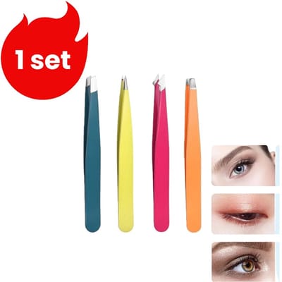 1 set - Wenkbrauwpincet - Roestvrijstalen pincet - Wimperkruller - Make-uptools - Mesje (roze) *1 + Schuin (blauw) *1 + Plat (oranje) *1 + Puntig (geel) *1