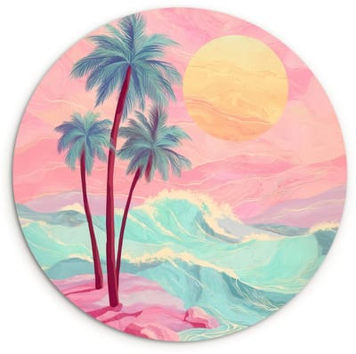 WallCircle® Wandcirkel 120x120 cm - Muurcirkel Palmbomen - Golven - Zee - Muurdecoratie woonkamer - Wanddecoratie slaapkamer - Kamer decoratie accessoires - Ronde schilderijen XXL