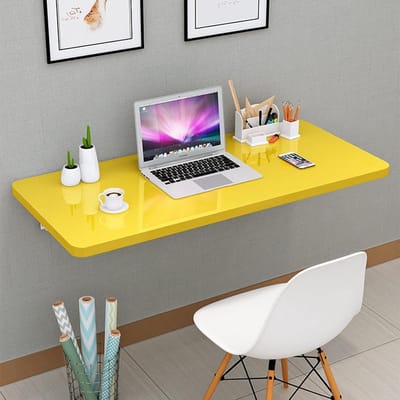 Opklapbare wandtafel - Inklapbaar bureau - Ruimte besparen - Robuust driehoekig rek - 100 x 40 cm - Geel