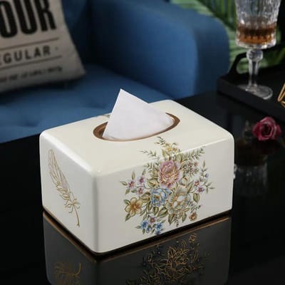 Rustieke Blauwe Keramische Tissuebox Handbeschilderd Gouden Accent Duurzaam Displaystuk Elegante Tafelblad Dispenser Ambachtelijk Decoratie-item