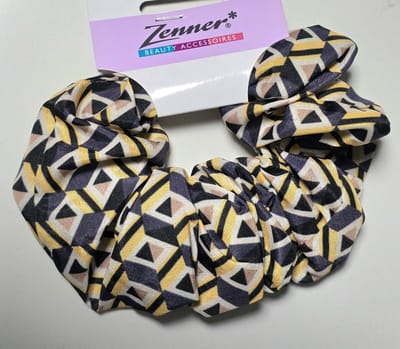 Zenner - retro scrunchie - stof met driehoekjes print - geel blauw wit zwart - froezel - medium size