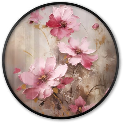 Poster in lijst Rond - Fotolijst 60x60 cm - Posters - Bloemen - Roze - Kunst - Watercolor - Ronde posterlijst zwart - Decoratie - Wanddecoratie woonkamer - Muurdecoratie slaapkamer