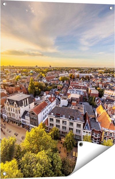 Gards Tuinposter Groningen Skyline Stad bij Zonsondergang - 60x80 cm - Tuindoek - Tuindecoratie - Wanddecoratie buiten - Tuinschilderij