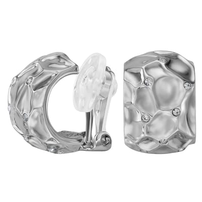 Traveller Clip Oorbellen - Oorclips Dames - Zilverkleurig - Kristallen - Gehamerde Raatstructuur - Geplatineerd - 20 x 10 mm - 157823