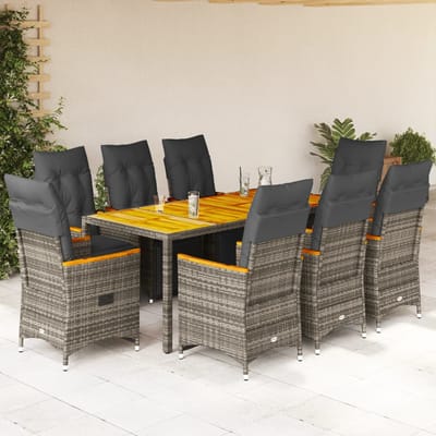 vidaXL - 9-delige - Bistroset - met - kussens - poly - rattan - grijs