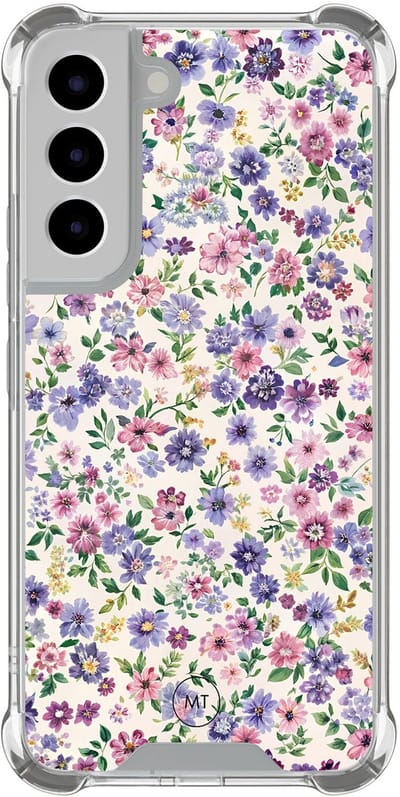 Hoesje (shockproof) geschikt voor Samsung Galaxy S22 - Paarse bloemen - Extra sterke case - TPU/polycarbonaat - Bloemen - Paars, Transparant