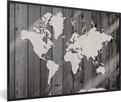 Poster in lijst - Fotolijst 90x60 cm - Posters - Wereldkaart - Hout - Zwart - Wit - Posterlijst zwart - Decoratie - Wanddecoratie woonkamer - Muurdecoratie slaapkamer