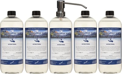 Handzeep No Scent No Colour 1 liter - set van 5 stuks - met gratis RVS zilverkleurige pomp - Voordeelverpakking