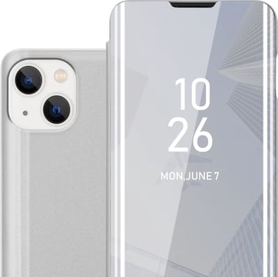 Cadorabo Hoesje geschikt voor Apple iPhone 14 in AGAAT ZILVER - Clear View Spiegel Beschermende Case met Tribunefunctie 360 Graden Bescherming Book Case Cover Etui
