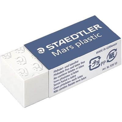 Staedtler-gum Mars Plastic, voor potloden en uitwisbare kleurpotloden, B 43 x D 19 x H 13 mm, kunststof, wit