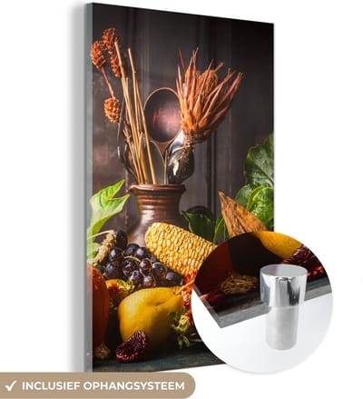 MuchoWow® Glasschilderij 120x180 cm - Schilderij acrylglas - Groente - Fruit - Rustiek - Tafel - Foto op glas - Schilderijen