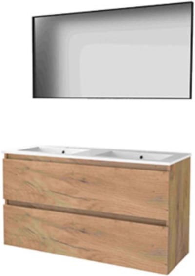 Basic-Line Framed 46 Badkamermeubelset - 120 x 46 cm - Greeploos - 2 Lades - Keramische Wastafel - 2 Kraangaten - Spiegel met Zwart Aluminium Frame - Whisky Oak