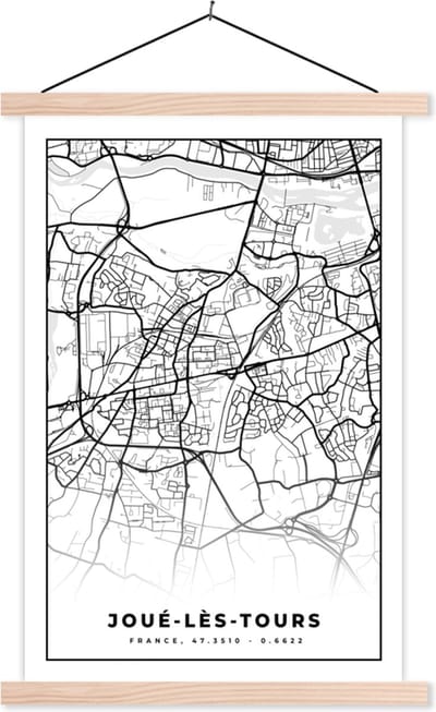 Posterhanger incl. Poster 40x60 cm - Schoolplaat - Frankrijk - Kaart - Plattegrond - Joué-lès-Tours - Stadskaart - Zwart wit - Textielposter - Blanke latten - Stadskaart