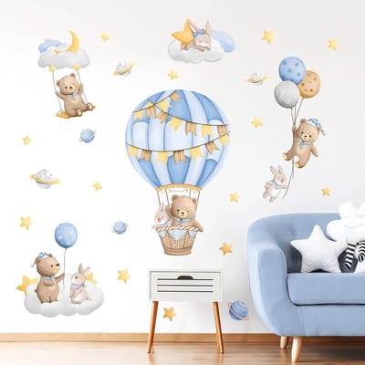 Muurstickers met Blauwe Luchtballon, Beren, Wolken en Sterren voor Kinderkamer Decoratie