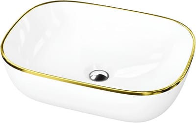 Opzetwastafel Rechthoekig - Waskom Badkamer - Badkamer Vernieuwen - Dunne Goudkleurige Rand - 46 x 32.5 x 13.5 cm - Wit/Goud