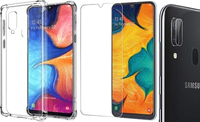 Hoesje geschikt voor Samsung Galaxy A30 - Screenprotector Glas & Camera Screen Protector - Transparant Shock Case
