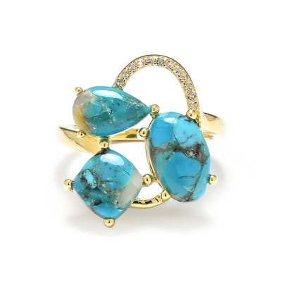 Cavill - Vergulde 925 Sterling Zilveren Ring met 3,95 ct Turquoise Mozaïek en 0,1 ct Witte Topaas - Elegante Damesring - Uniek Design