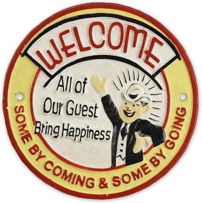 MadDeco - gietijzer - wandbord - rond - Welcome All of our guests bring happiness some by coming some by going