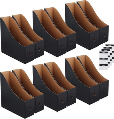 Set van 12 Kartonnen Tijdschriftenhouders met Labels, Zwart, Ideaal voor Kantoor en Thuis, 26 x 9 x 27 cm, Ruimtebesparend en Stijlvol Organiseren