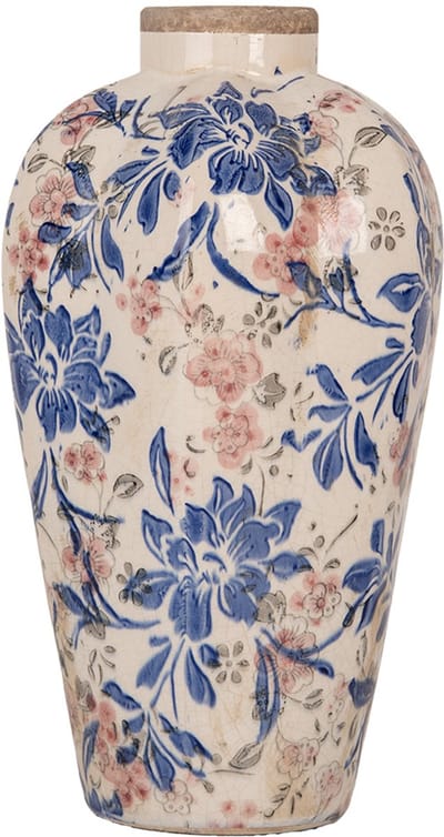 Clayre & Eef Vaas Ø 17x30 cm Beige Blauw Keramiek Bloemen