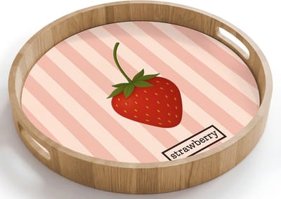 Dienblad rond 40x40 cm - Schootdienblad hout - Aardbei - Strepen - Minimalistisch - Rood - Borrelplank rechthoek - Plateau houten dienbladen