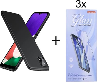 Soft Back Cover Hoesje Geschikt voor: Samsung Galaxy A22 5G Silicone - Zwart + 3X Tempered Glass Screenprotector - ZT Accessoires