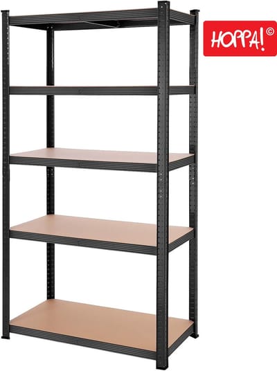 Hoppa! Magazijnstelling - Opbergrek, stellingkast, werkplaatskast, 90x40x180 cm (BxDxH), belastbaar tot 875 kg (175 kg per plank), 5 verstelbare legplanken, metalen legplank, legplank zonder bouten, zwaar rek, kelderrek voor zwaar gebruik - Zwart