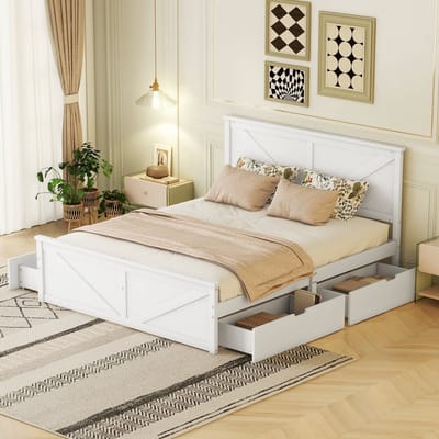 REDOM - Bedframe met 4 Laden – 160x200 cm – Met Hoofdbord – Uitneembare Opberglades – Van Grenenhout – Wit