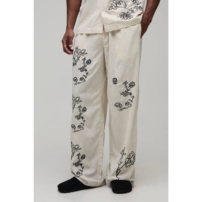Baggy Fit Linnen Blend Broek Met Kleine Bloemenborduursels | Natural | Size XS