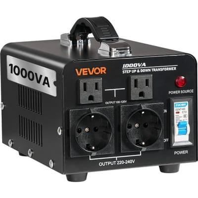 VEVOR 1000VA Step-Up/Step-Down Power Transformer, 110V naar 220V & 220V naar 110V Spanningsomvormer met Amerikaanse en Europese stopcontacten, netsnoer, stroomonderbreker