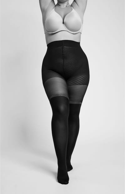 camano, Drukvrije comfortband, katoenen kruisje, platte naad, zachte teennaad, licht verstevigde tenen, transparante panty's, modieus patroon, overknee, curvy, grote maten, panty voor vrouwen met rondingen.