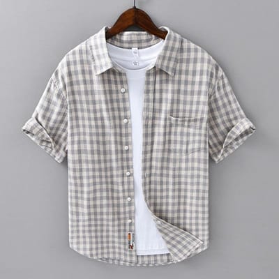 Chemise Décontractée d'Été à Carreaux Manches Courtes Coupe Ample et Polyvalente Rétro Littéraire Jeune 100% Coton L white