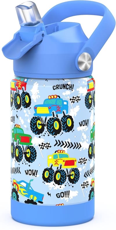 SnelShoppen - Kinder Drinkbeker 12 Oz RVS met Rietje - Waterfles voor Peuters - Lekvrij en Geïsoleerd - Monster Truck - Perfect voor School en Dagopva